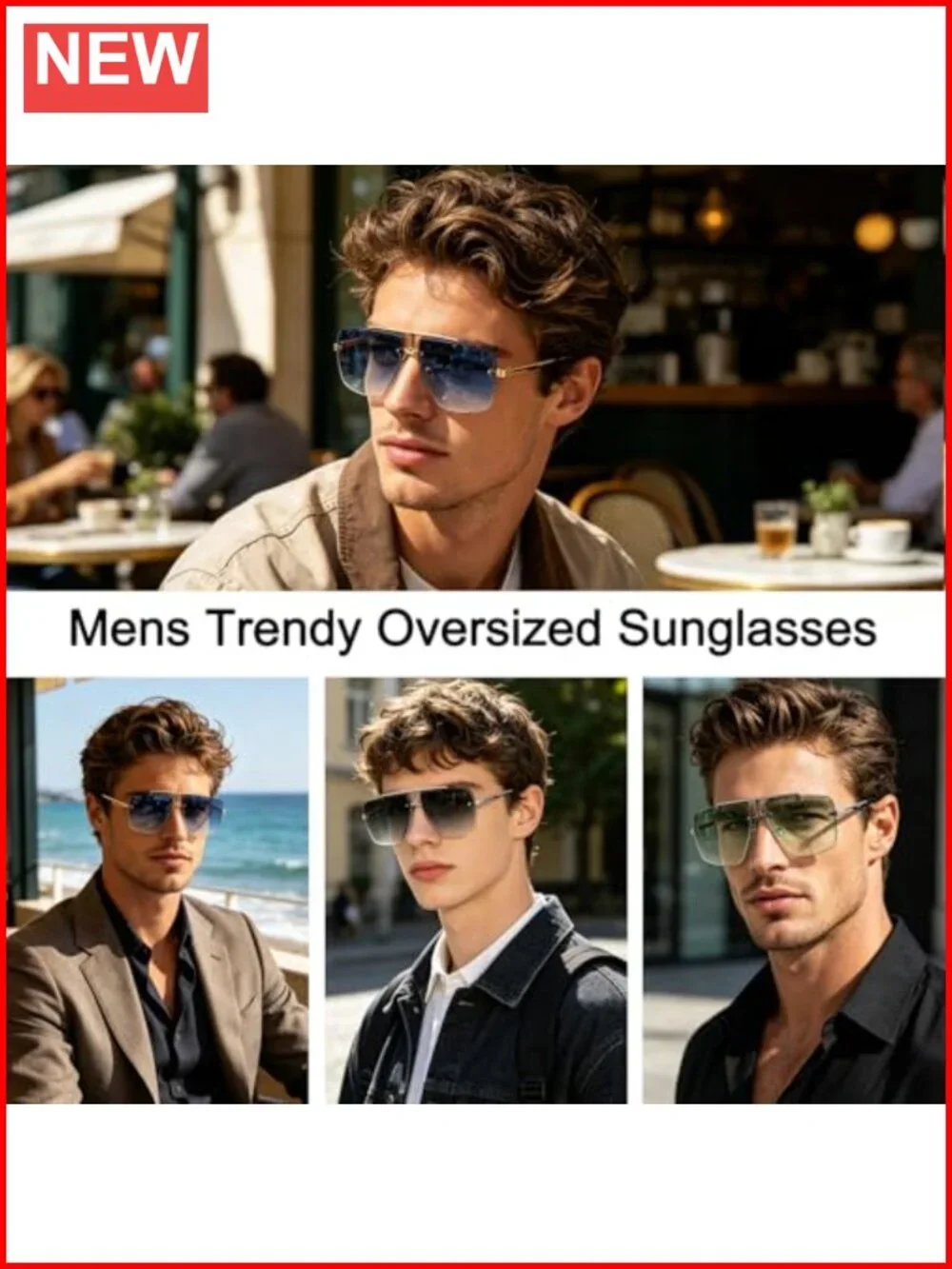 Rimless Oversized Square Sunglasses Trendy Big Shades Gold Metal Frame UV400